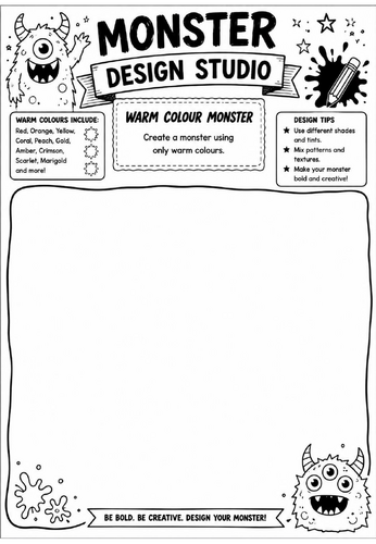Warm Colour Monster | Monster Design Studio Art Worksheet | KS2 KS3 Colour Theory Drawing Activity