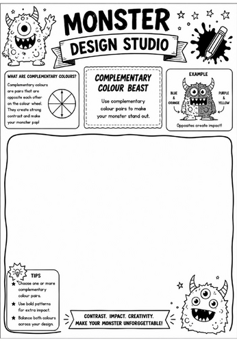 Complementary Colour Beast | Monster Design Studio Art Worksheet | KS2 KS3 Colour Theory Drawing Act
