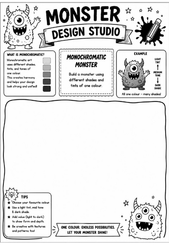 Monochromatic Monster | Monster Design Studio Art Worksheet | KS2 KS3 Colour Theory Drawing Activity
