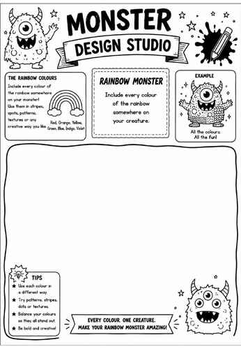Rainbow Monster | Monster Design Studio Art Worksheet | KS2 KS3 Colour Theory Drawing Activity
