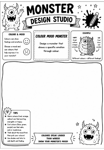 Colour Mood Monster | Monster Design Studio Art Worksheet | KS2 KS3 Colour Theory & Emotion Drawing