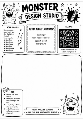 Neon Night Monster | Monster Design Studio Art Worksheet | KS2 KS3 Colour Theory Drawing Activity