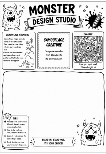 Camouflage Creature | Monster Design Studio Art Worksheet | KS2 KS3 Colour & Pattern Drawing Activit