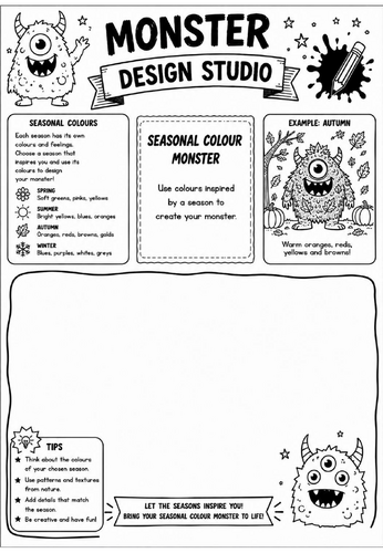 Seasonal Colour Monster | Monster Design Studio Art Worksheet | KS2 KS3 Colour Theory Drawing Activi