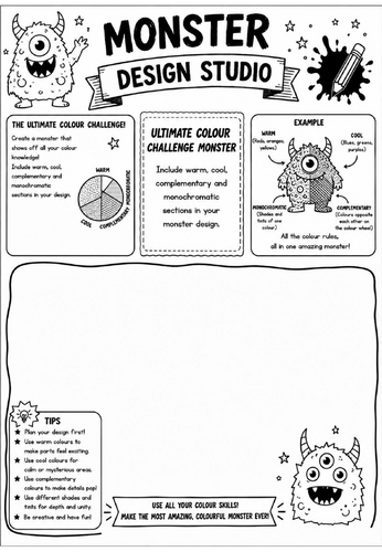 Ultimate Colour Challenge Monster | Monster Design Studio Art Worksheet | KS2 KS3 Colour Theory Draw