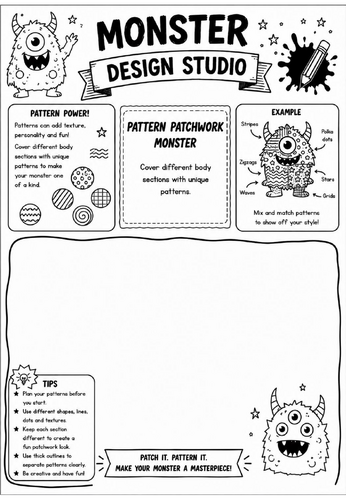 Pattern Patchwork Monster | Monster Design Studio Art Worksheet | KS2 KS3 Pattern Drawing Activity