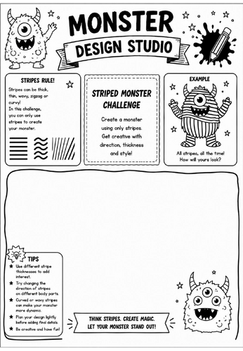 Striped Monster Challenge | Monster Design Studio Art Worksheet | KS2 KS3 Pattern Drawing Activity