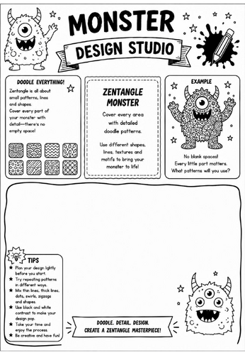 Zentangle Monster | Monster Design Studio Art Worksheet | KS2 KS3 Pattern & Doodle Drawing Activity