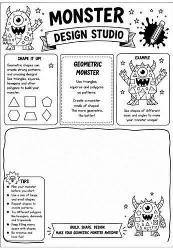 Geometric Monster | Monster Design Studio Art Worksheet | KS2 KS3 Shape & Pattern Drawing Activity