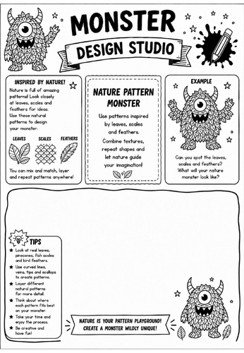 Nature Pattern Monster | Monster Design Studio Art Worksheet | KS2 KS3 Pattern & Texture Drawing Act