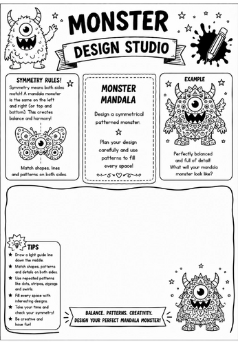Monster Mandala | Monster Design Studio Art Worksheet | KS2 KS3 Symmetry & Pattern Drawing Activity