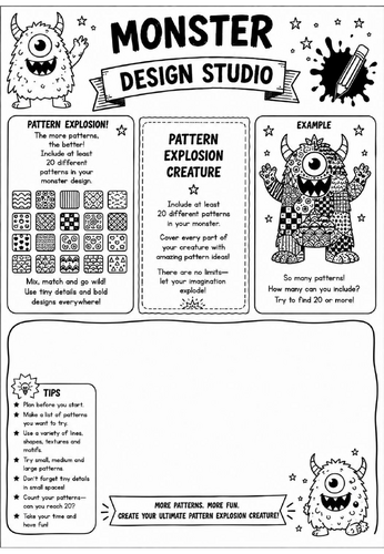 Pattern Explosion Creature | Monster Design Studio Art Worksheet | KS2 KS3 Pattern Drawing Activity
