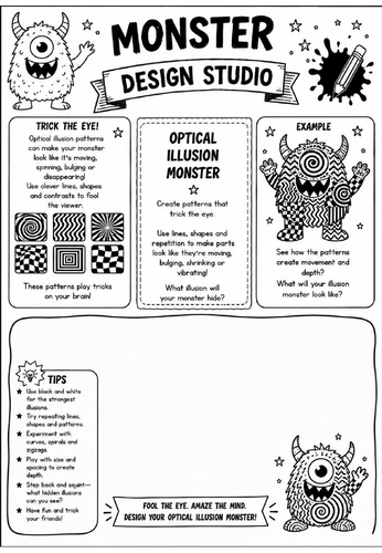 Optical Illusion Monster | Monster Design Studio Art Worksheet | KS2 KS3 Op Art & Pattern Drawing Ac