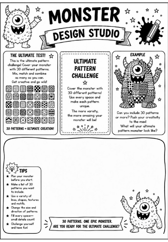 Ultimate Pattern Challenge | Monster Design Studio Art Worksheet | KS2 KS3 Pattern Drawing Activity
