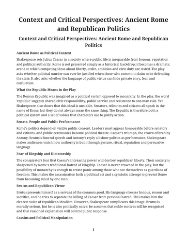 Julius Caesar - William Shakespeare – Ancient Rome and Republican Politics