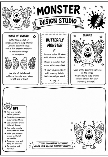 Butterfly Monster | Monster Design Studio Art Worksheet | KS2 KS3 Pattern & Colour Drawing Activity