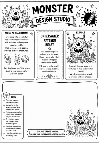 Underwater Pattern Beast | Monster Design Studio Art Worksheet | KS2 KS3 Ocean Pattern Drawing Activ