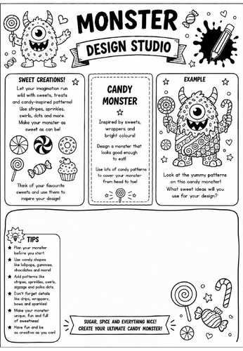 Candy Monster | Monster Design Studio Art Worksheet | KS2 KS3 Pattern & Colour Drawing Activity