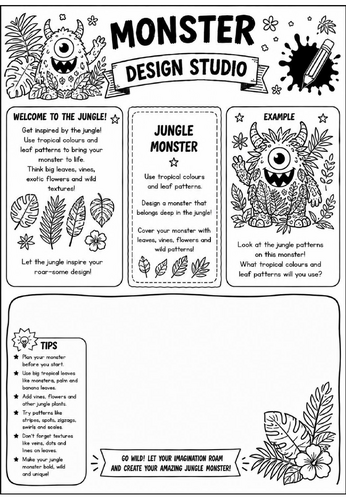 Jungle Monster | Monster Design Studio Art Worksheet | KS2 KS3 Tropical Pattern & Colour Drawing Act