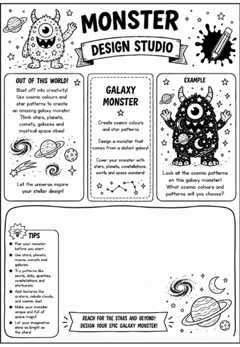 Galaxy Monster | Monster Design Studio Art Worksheet | KS2 KS3 Space-Themed Pattern & Colour Drawing