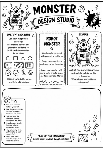 Robot Monster | Monster Design Studio Art Worksheet | KS2 KS3 Robot & Pattern Drawing Activity