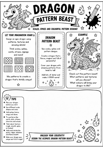 Dragon Pattern Beast | Monster Design Studio Art Worksheet | KS2 KS3 Fantasy Pattern Drawing Activit