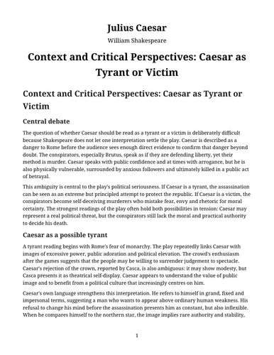 Julius Caesar - William Shakespeare – Caesar as Tyrant or Victim