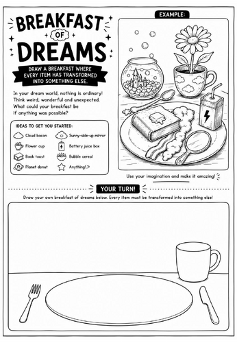 Breakfast of Dreams Drawing Challenge Worksheet | Surrealism Art Activity | KS2 KS3 Cover Lesson | C
