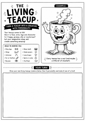 The Living Teacup Drawing Challenge Worksheet | Surrealism Art Activity | KS2 KS3 Cover Lesson | Cre