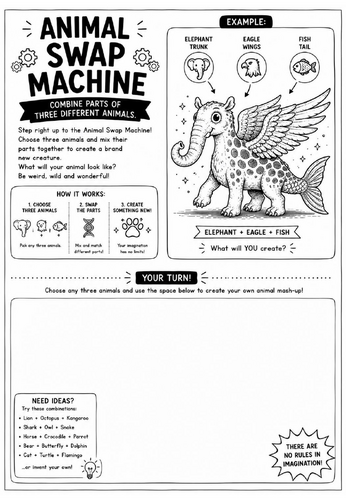 Animal Swap Machine Drawing Challenge Worksheet | Surrealism Art Activity | KS2 KS3 Cover Lesson | C