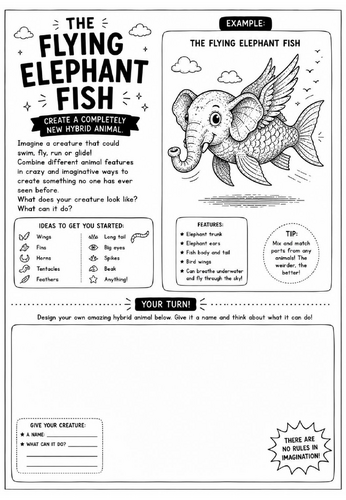 The Flying Elephant Fish Drawing Challenge Worksheet | Surrealism Art Activity | KS2 KS3 Cover Lesso