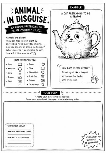 Animal in Disguise Drawing Challenge Worksheet | Surrealism Art Activity | KS2 KS3 Cover Lesson | Cr
