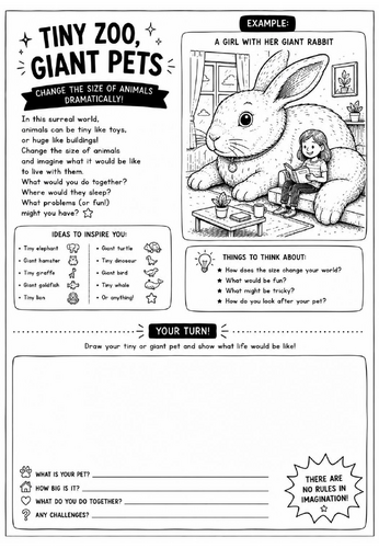 Tiny Zoo, Giant Pets Drawing Challenge Worksheet | Surrealism Art Activity | KS2 KS3 Cover Lesson |