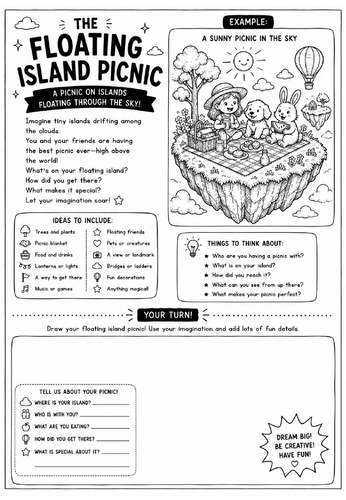 The Floating Island Picnic Drawing Challenge Worksheet | Surrealism Art Activity | KS2 KS3 Cover Les
