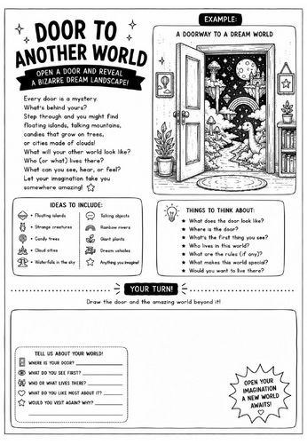 Door to Another World Drawing Challenge Worksheet | Surrealism Art Activity | KS2 KS3 Cover Lesson |