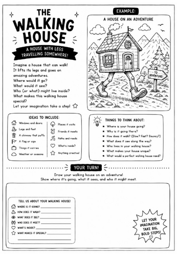 The Walking House Drawing Challenge Worksheet | Surrealism Art Activity | KS2 KS3 Cover Lesson | Cre