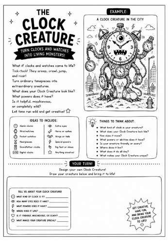 The Clock Creature Drawing Challenge Worksheet | Surrealism Art Activity | KS2 KS3 Cover Lesson | Cr
