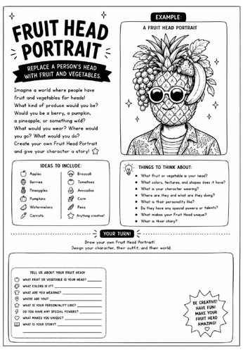 Fruit Head Portrait Drawing Challenge Worksheet | Surrealism Art Activity | KS2 KS3 Cover Lesson | C