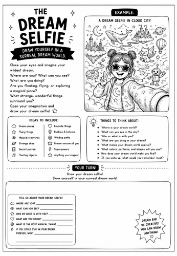 The Dream Selfie Drawing Challenge Worksheet | Surrealism Art Activity | KS2 KS3 Cover Lesson | Crea