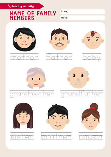 Family Members Tracing Worksheet (1-Page Printable)
