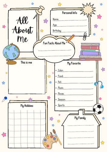 All about me  coloured version worksheet for EYFS and KS1