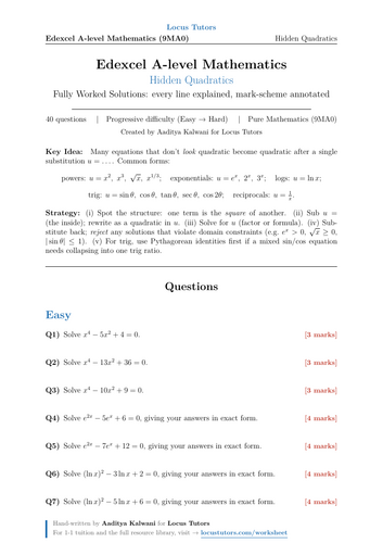 Hidden Quadratics | 40 Worked Examples | Edexcel A-Level Maths