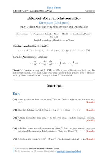 Kinematics | 25 Worked Examples | Edexcel A-Level Maths
