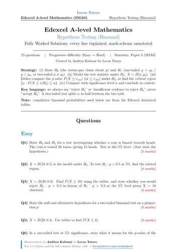Hypothesis Testing (Binomial) | 25 Worked Examples | Edexcel A-Level Maths
