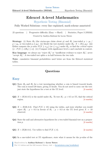 Hypothesis Testing (Binomial) | 25 Worked Examples | Edexcel A-Level Maths