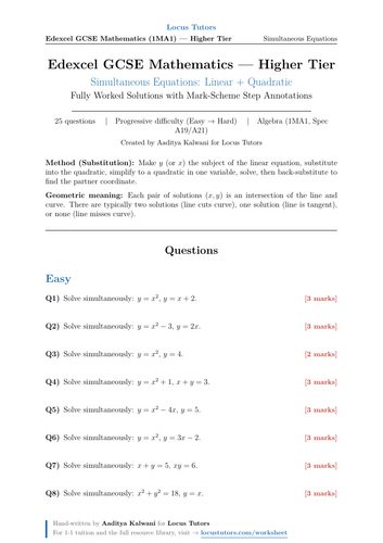 Simultaneous Equations (Linear & Quadratic) | 25 Worked Examples | Edexcel GCSE Higher Maths