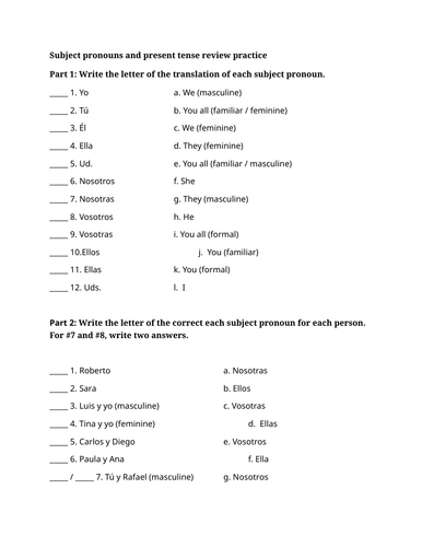 Subject pronouns and present tense review practice