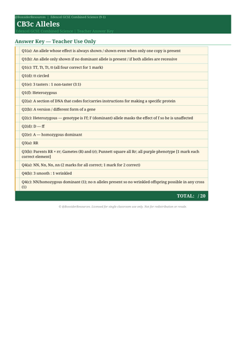 CB3c Alleles | Edexcel GCSE Combined Science Biology Topic Mastery Pack