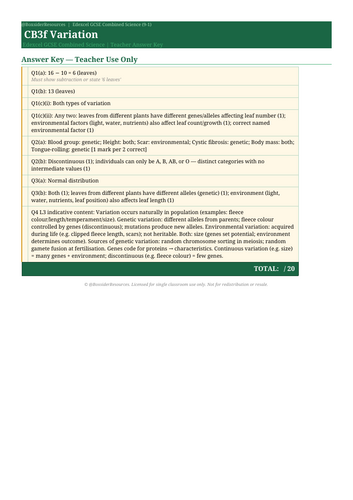 CB3f Variation | Edexcel GCSE Combined Science Biology Topic Mastery Pack