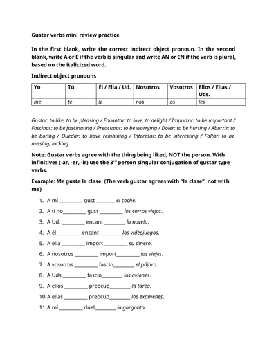 Gustar verbs mini review practice